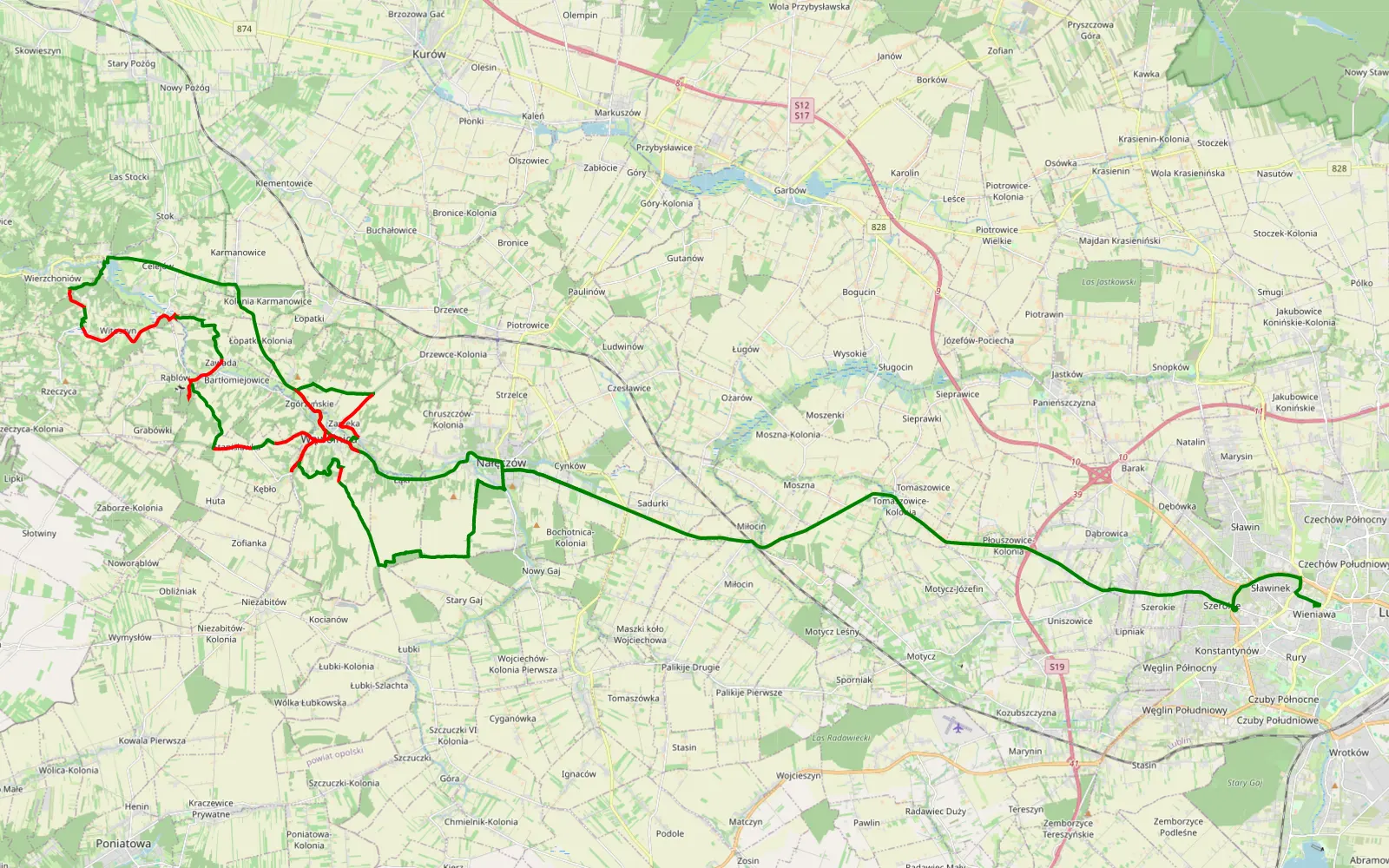 Mapa trasy Cynków - Wieniawa - 37.9 km trasy offroad, Powiat Puławski