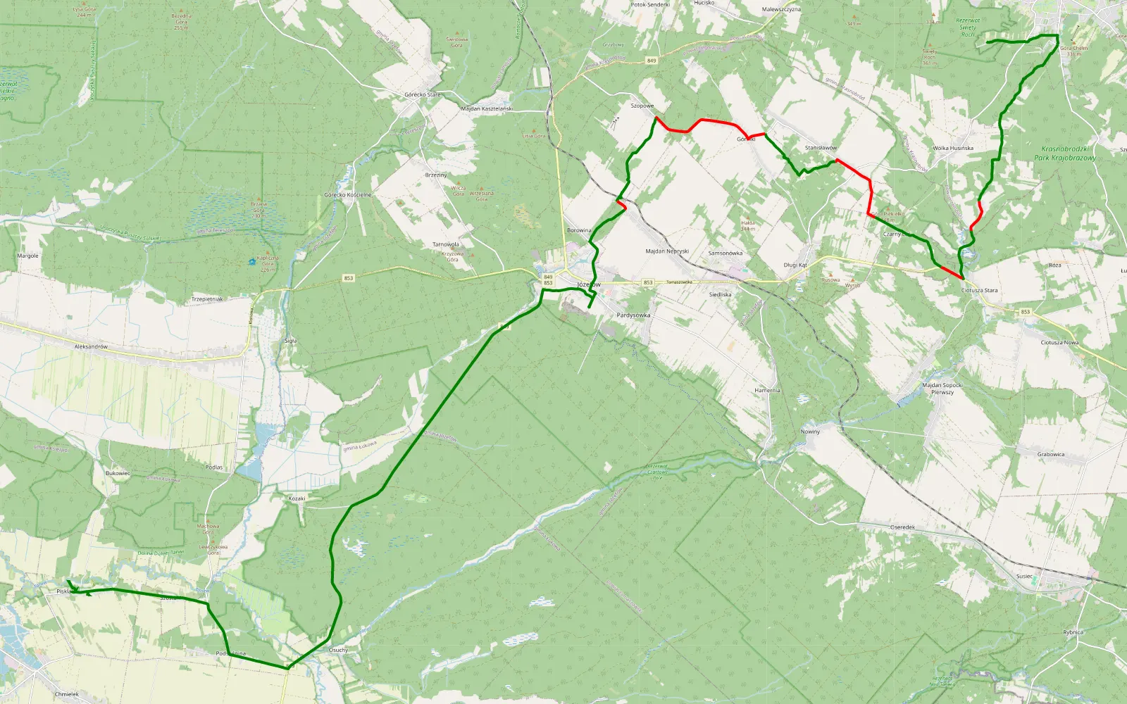 Mapa trasy Krasnobród - Pisklaki - 21.3 km trasy offroad, Powiat Biłgorajski