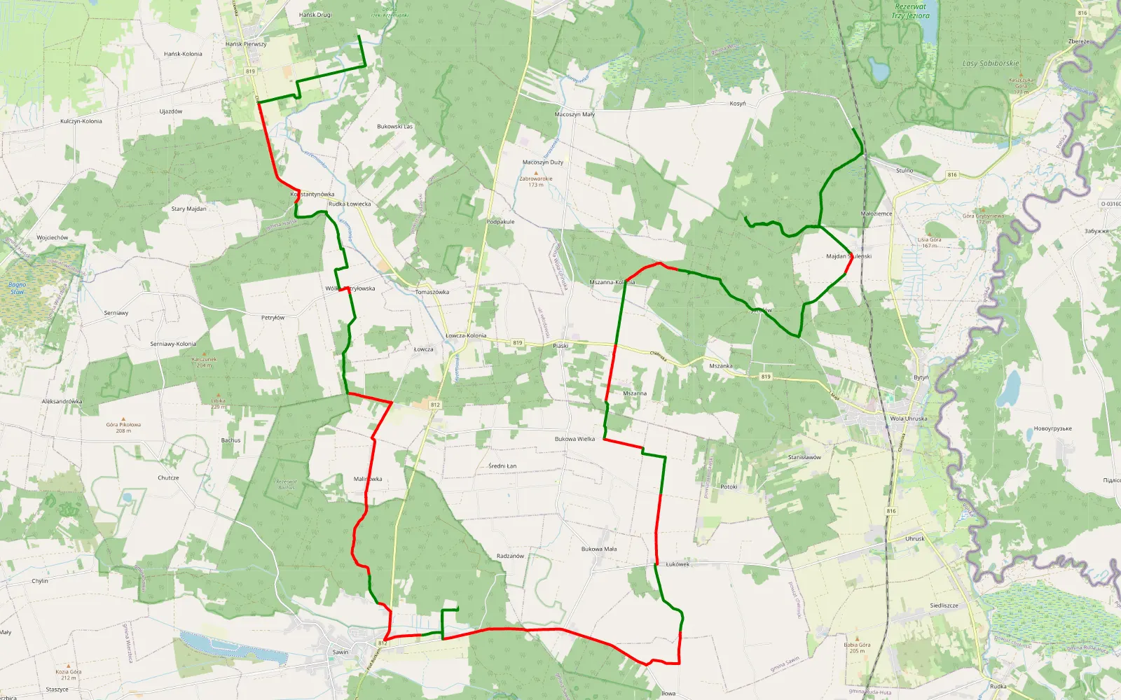 Map of Budki - Stulno - 54.2 km offroad trail, Włodawa County