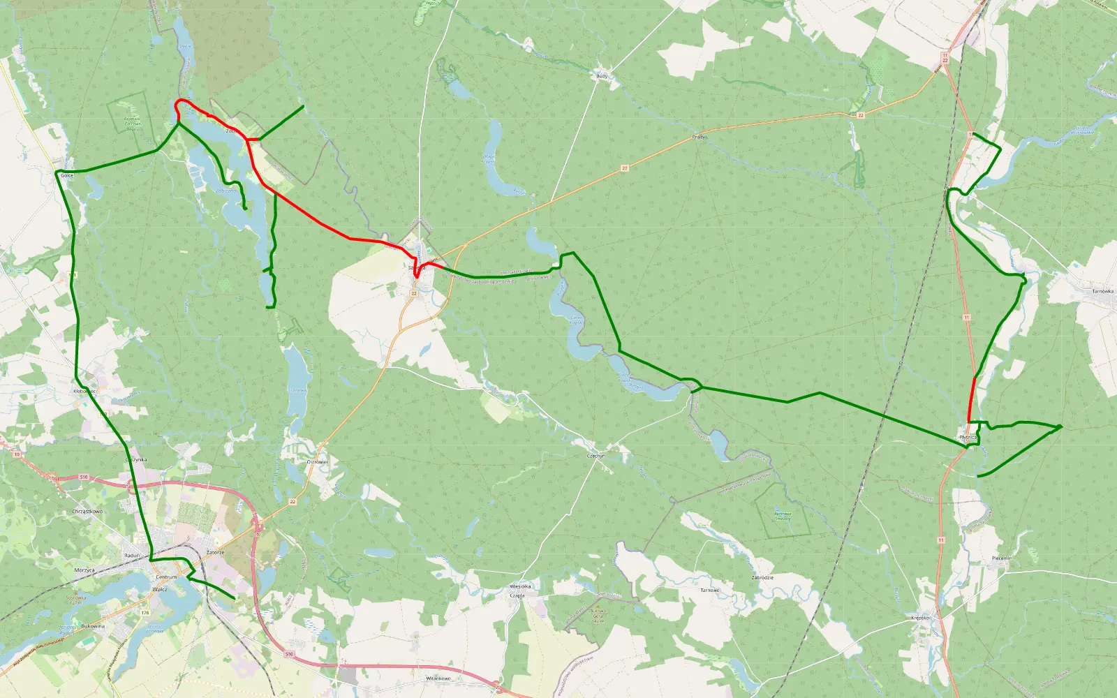 Map of T7 - Przesmyk śmierci - 64.3 km offroad trail, Złotów County