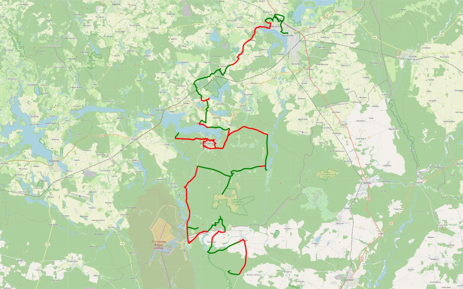 Map of T5 Borne Sulinowo - 123.7 km offroad trail, Szczecinek County