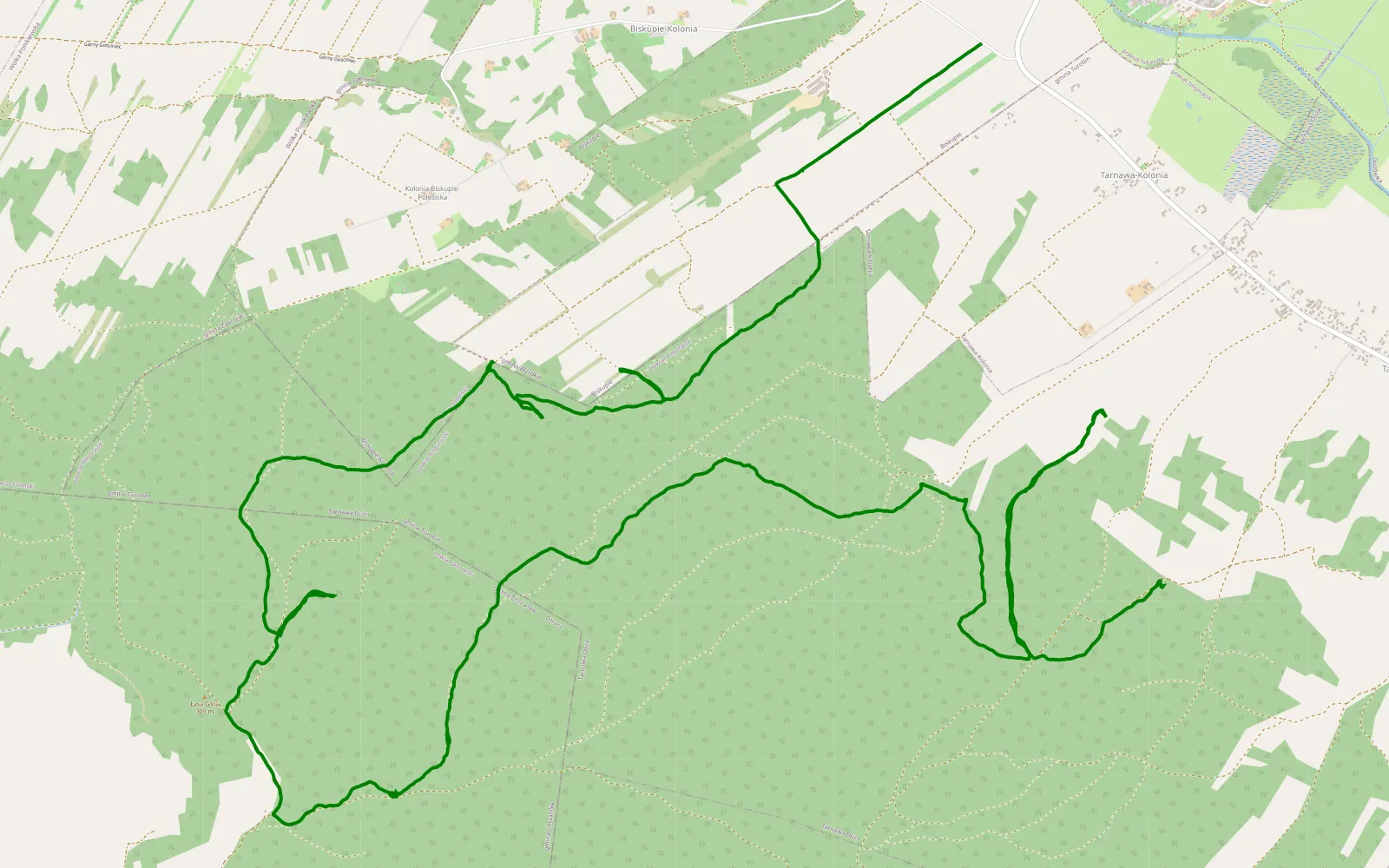 Map of Tarnawa Duża - Biskupie - 18.8 km offroad trail, Biłgoraj County
