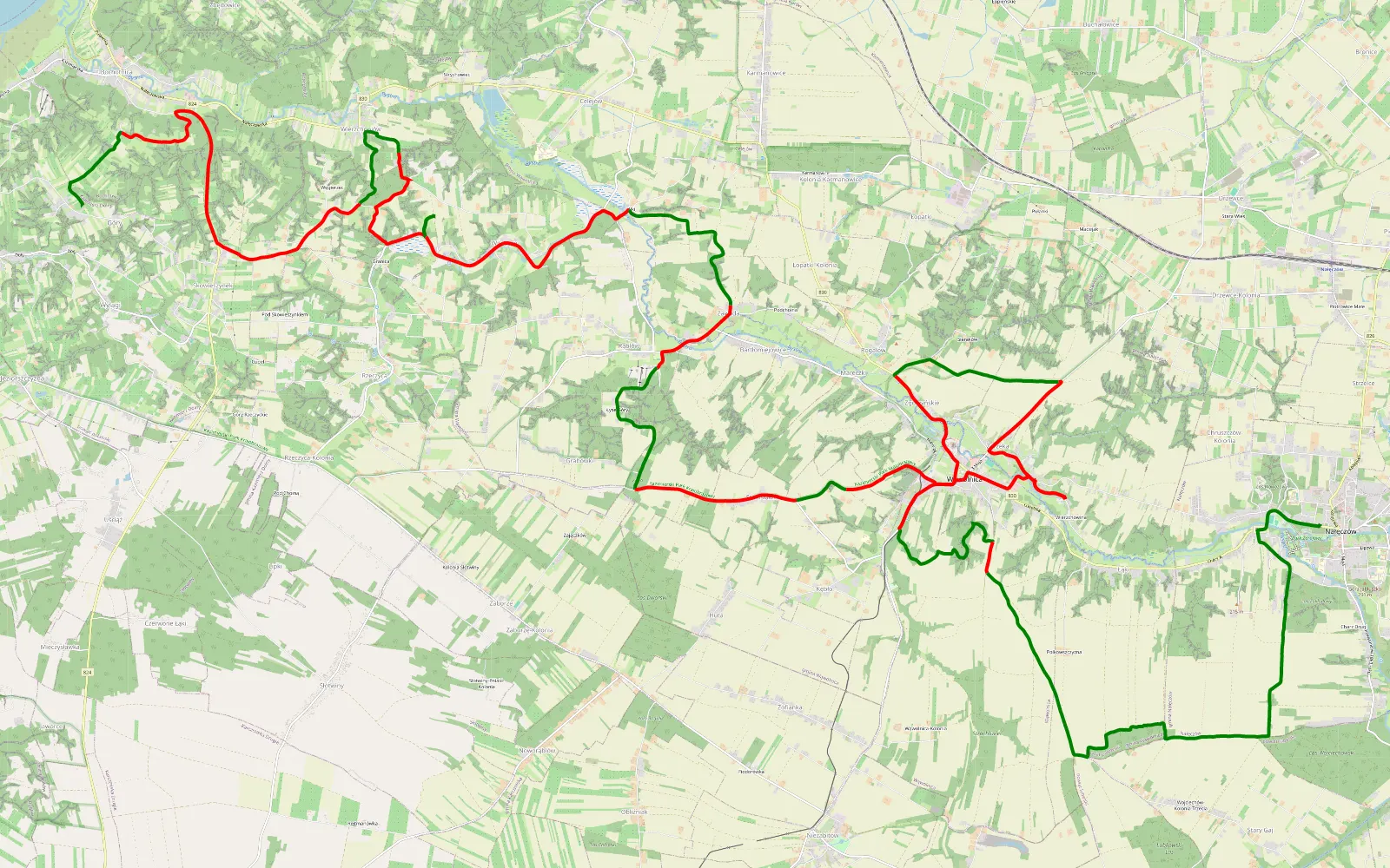 Mapa trasy Wylągi - Nałęczów - 44 km trasy offroad, Powiat Puławski
