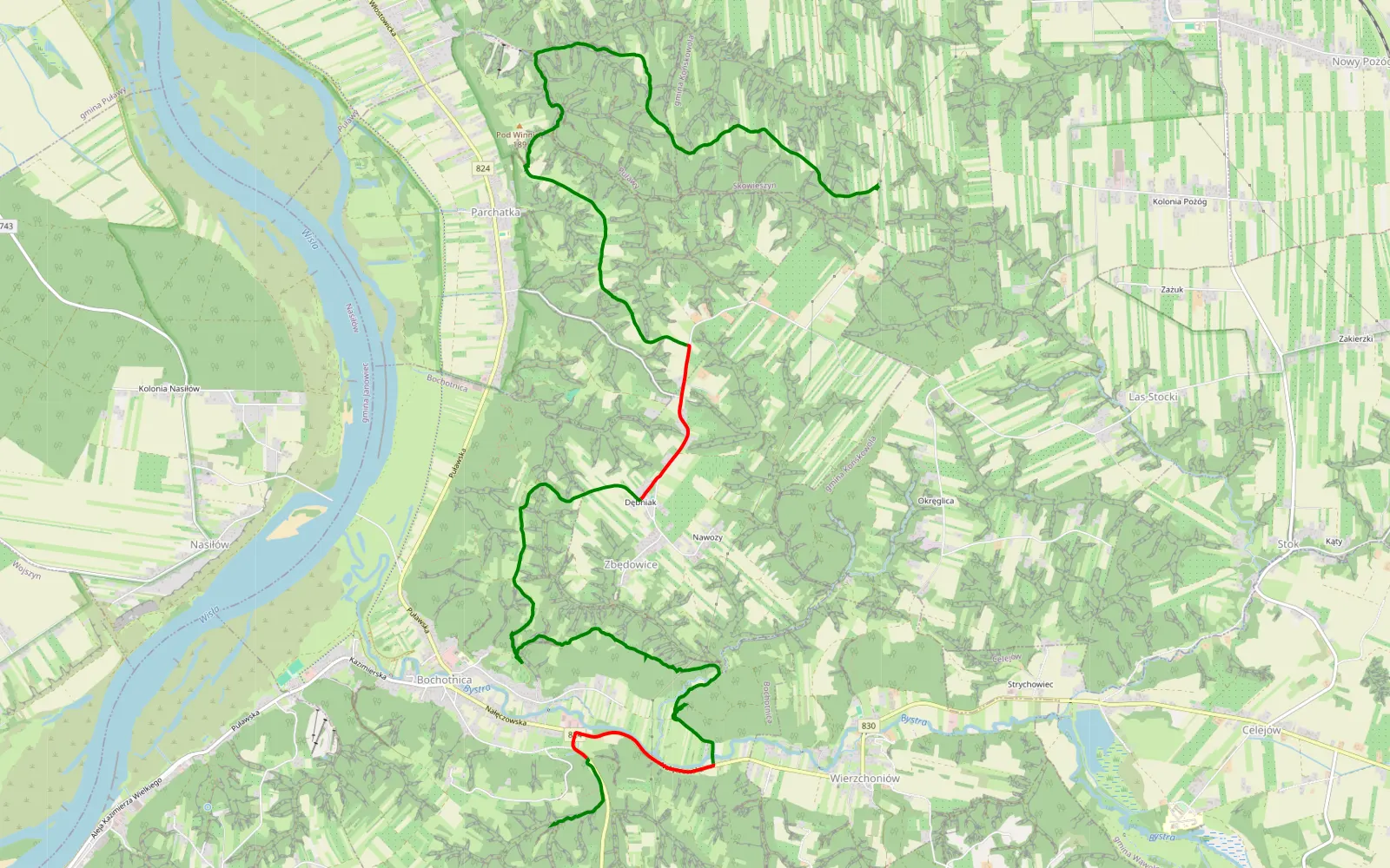 Mapa trasy Bochotnica - Skowieszyn - 15.8 km trasy offroad, Powiat Puławski