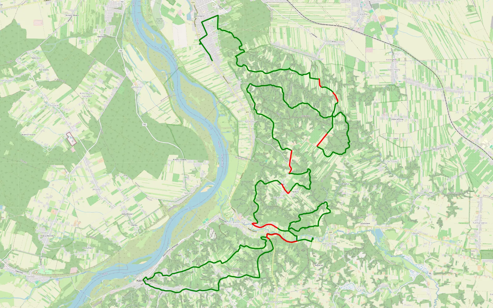 Mapa trasy Wierzchoniów - Włostowice - 34.2 km trasy offroad, Powiat Puławski