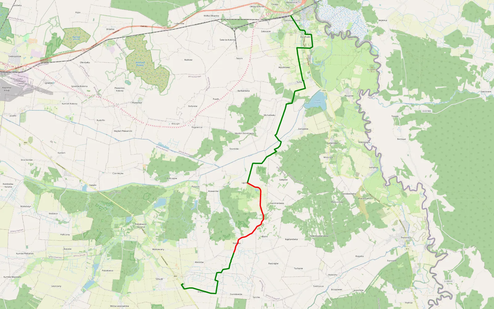 Map of Dryszczów - Dorohusk-Osada - 18.1 km offroad trail, Chełm County