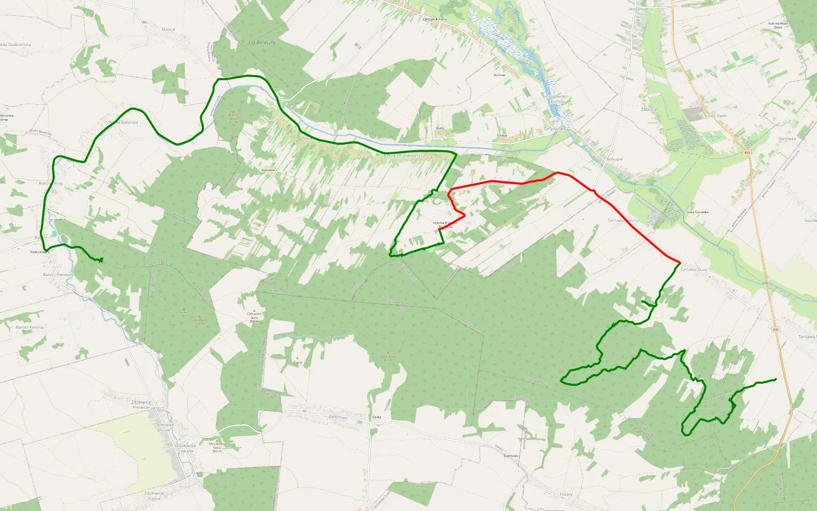 Mapa trasy Batorz i okolica - 23.1 km trasy offroad, Powiat Biłgorajski