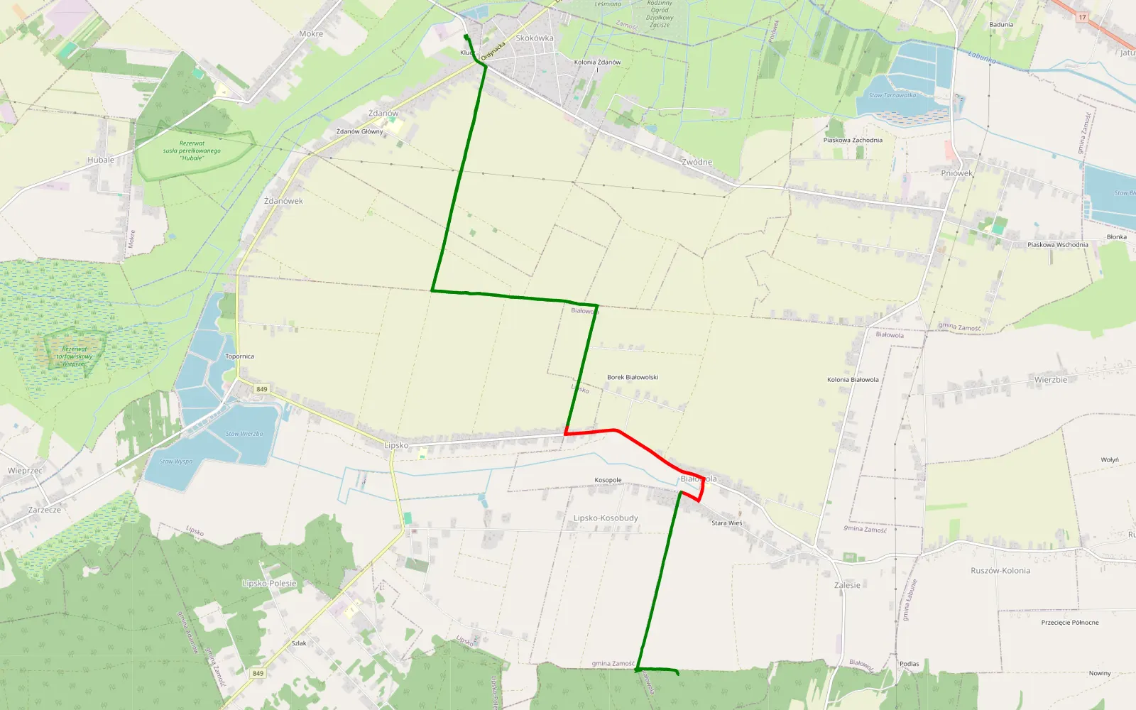 Mapa trasy Żdanów - 18 km trasy offroad, Powiat Zamojski