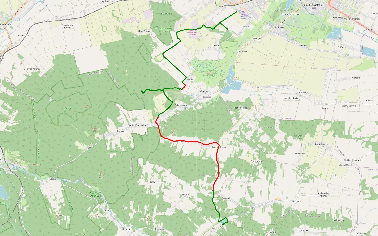 Mapa trasy Mokre - Jacnia - 28 km trasy offroad, Powiat Zamojski