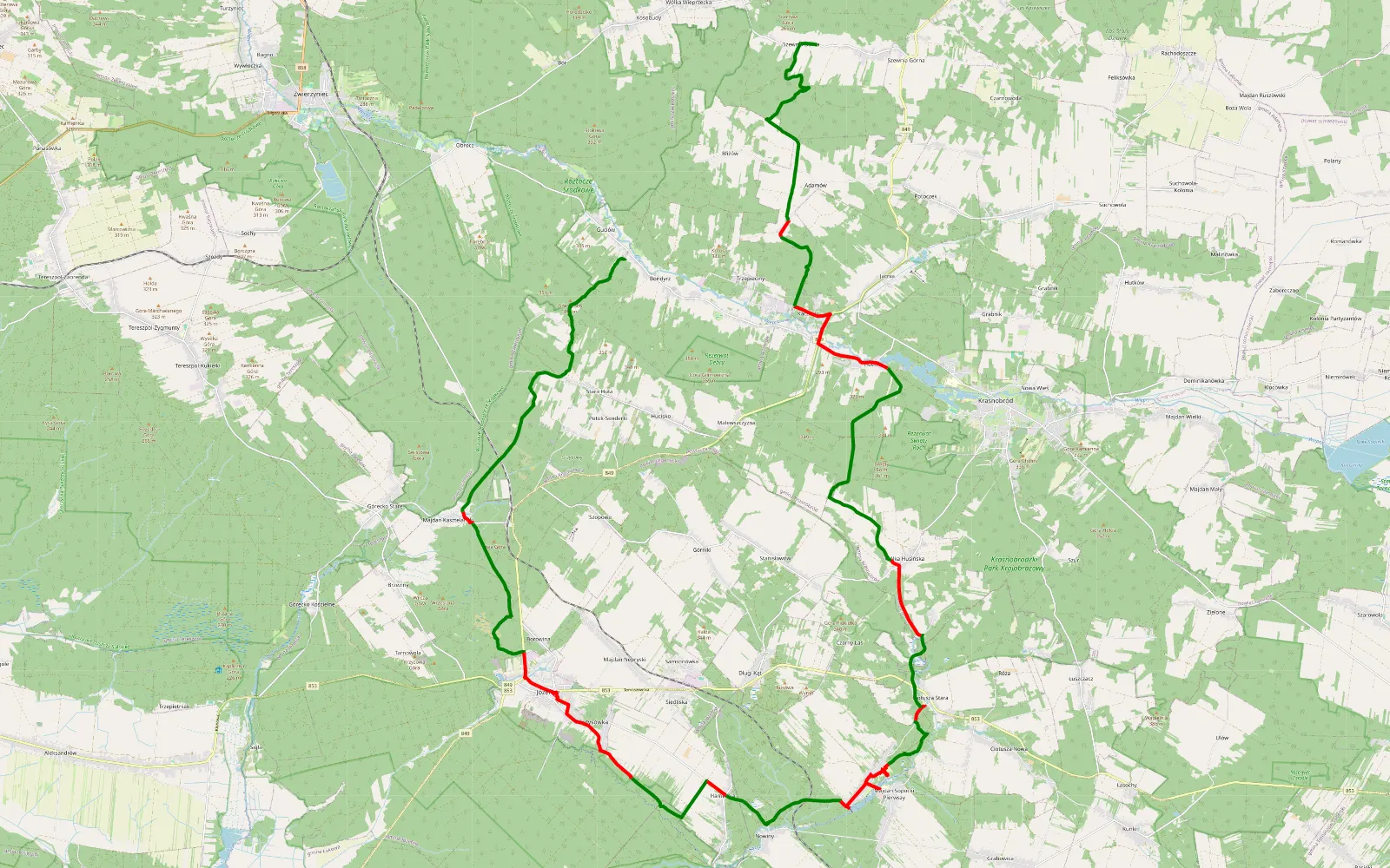 Mapa trasy Guciów - Szewnia - 54.7 km trasy offroad, Powiat Zamojski