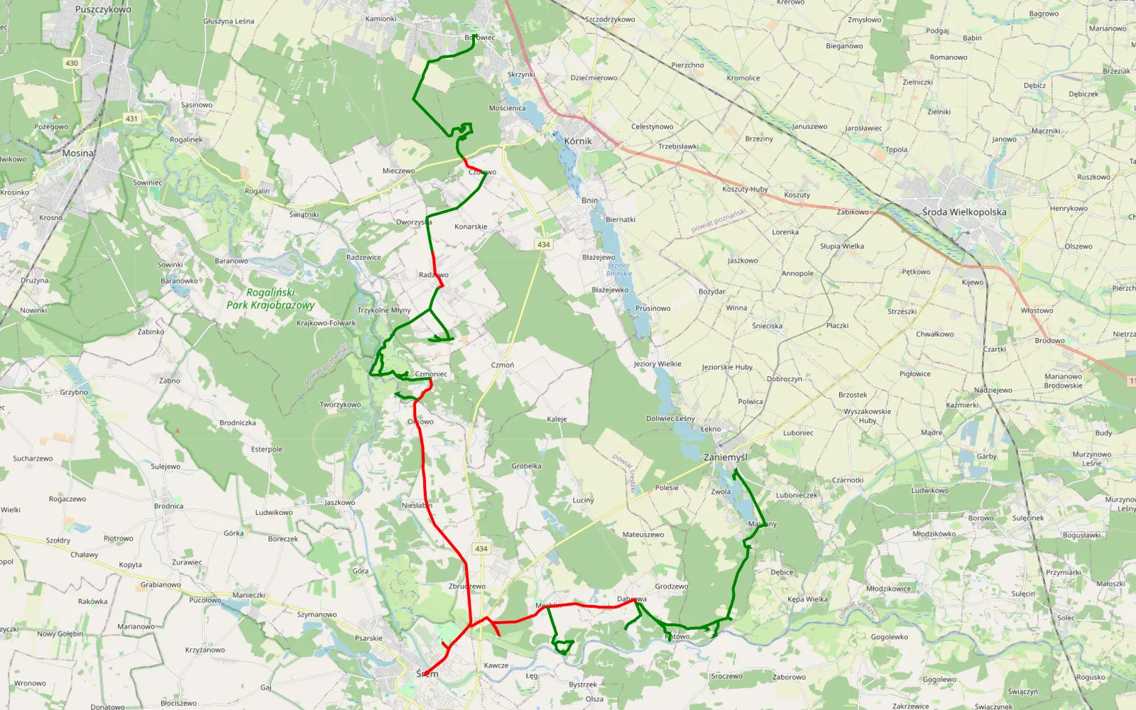 Map of Borowiec - Zaniemyśl - 70.6 km offroad trail, Poznań County
