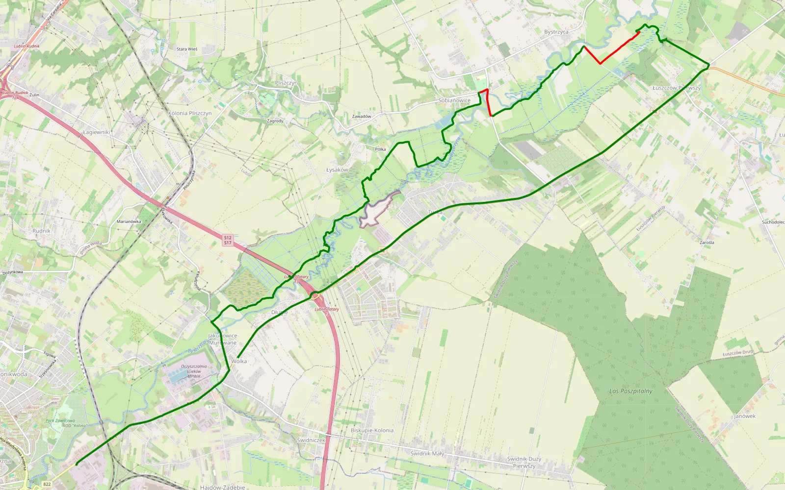 Mapa trasy Tatary - Jakubowice Murowane - 11.8 km trasy offroad, Powiat Lubelski