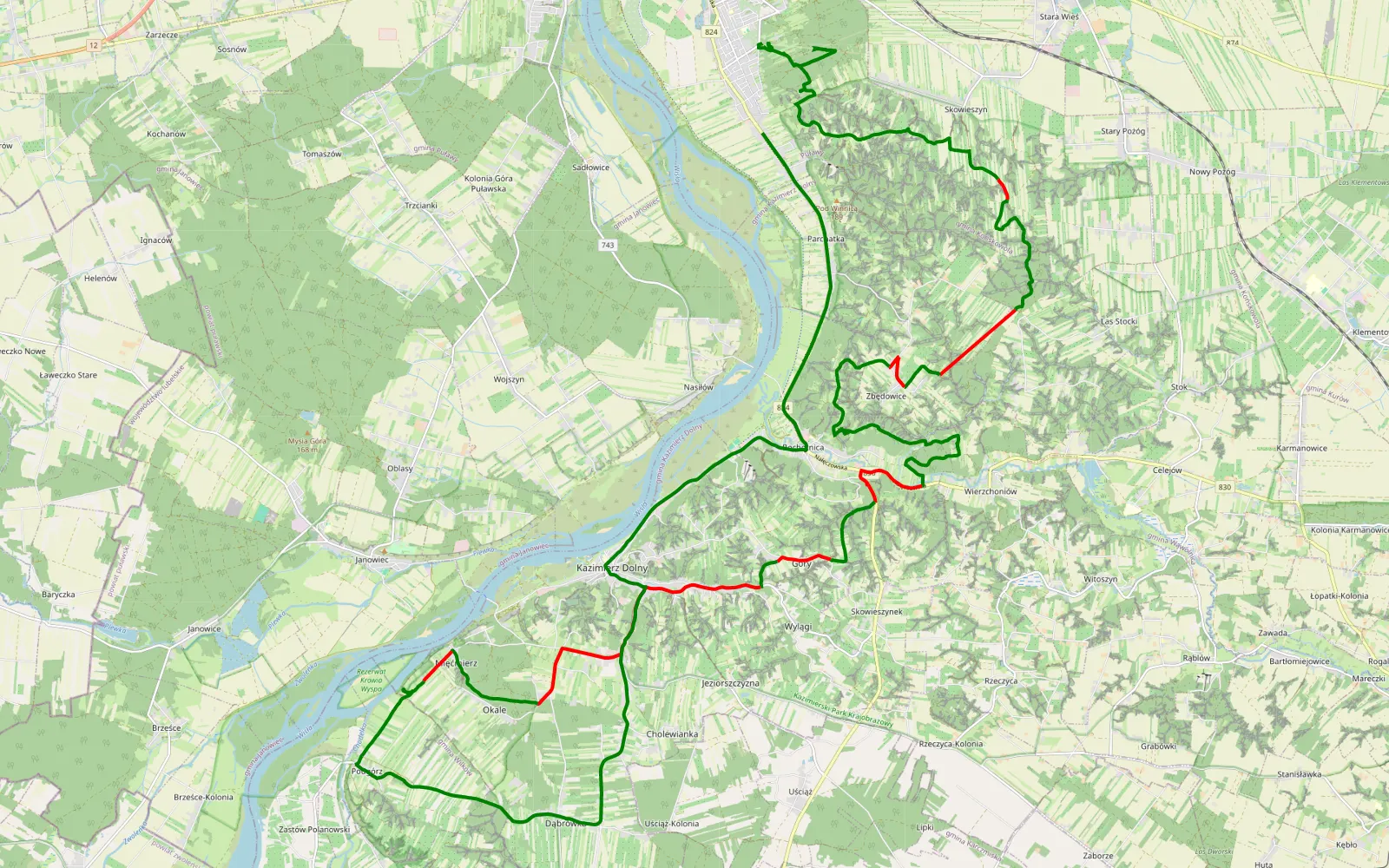 Mapa trasy Kazimierz grudzień - 36.9 km trasy offroad, Powiat Puławski