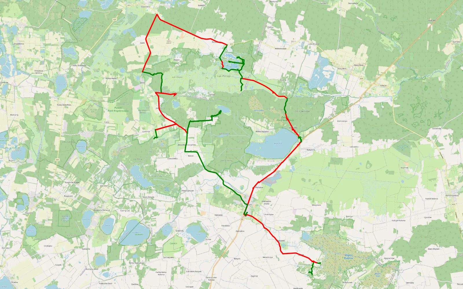 Map of Sęków - Urszulin - 70.6 km offroad trail, Włodawa County