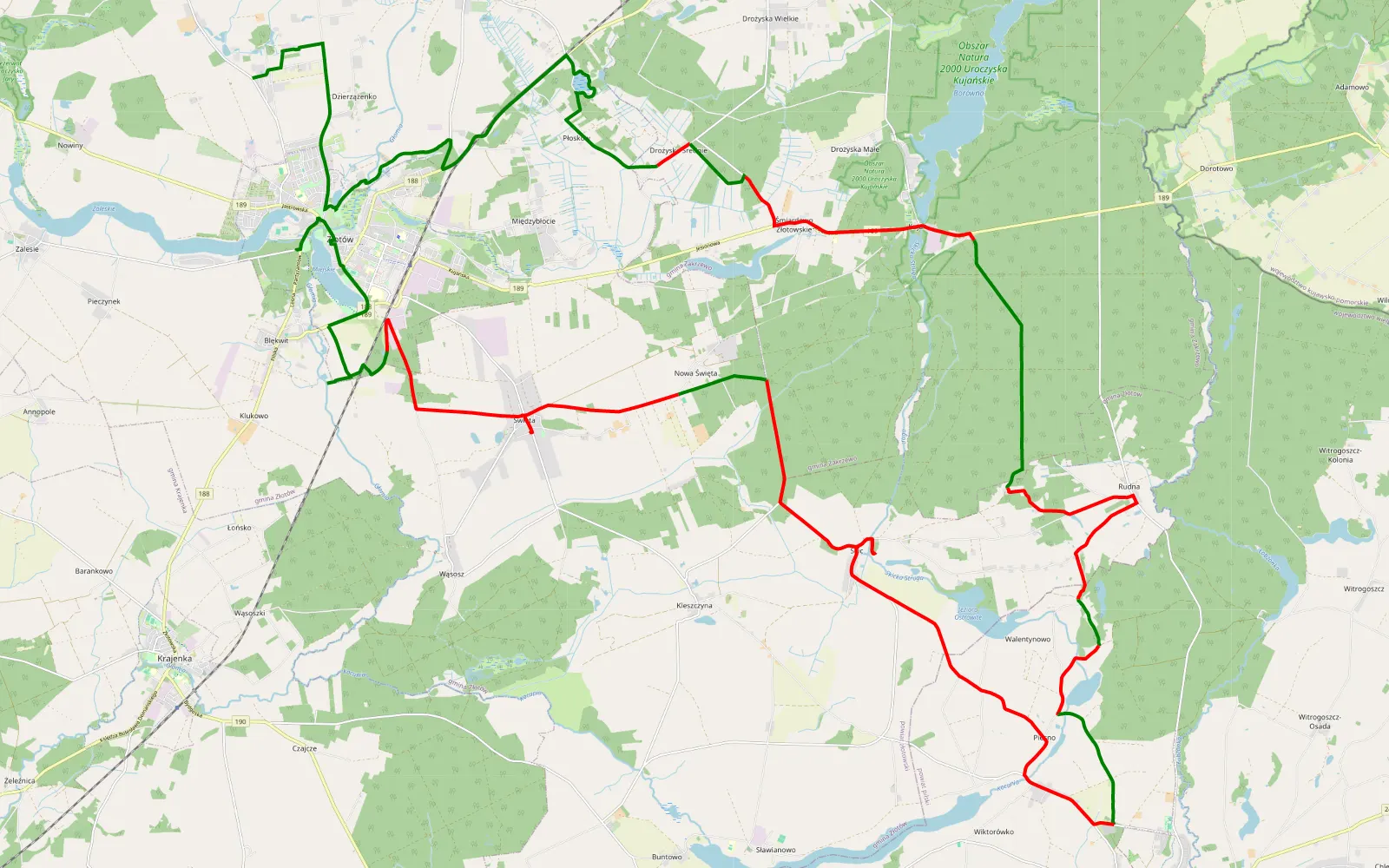 Map of T6 Krajna - 48.9 km offroad trail, Złotów County