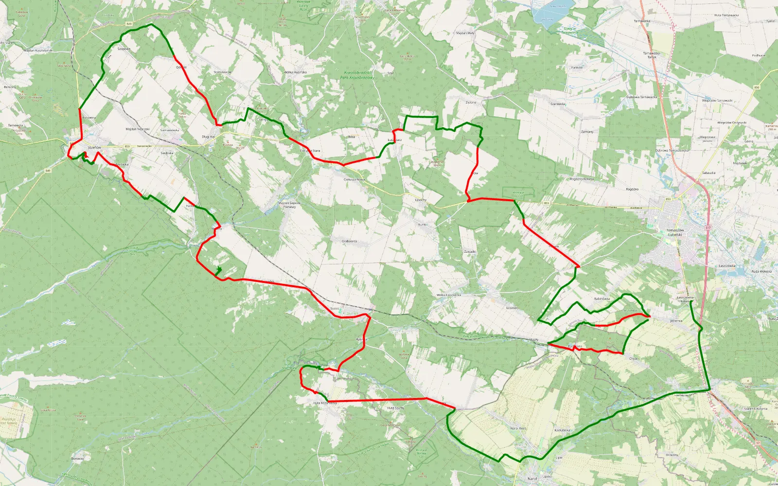Map of Jezierna - Łaszczówka-Kolonia - 98.5 km offroad trail, Tomaszów Lubelski County