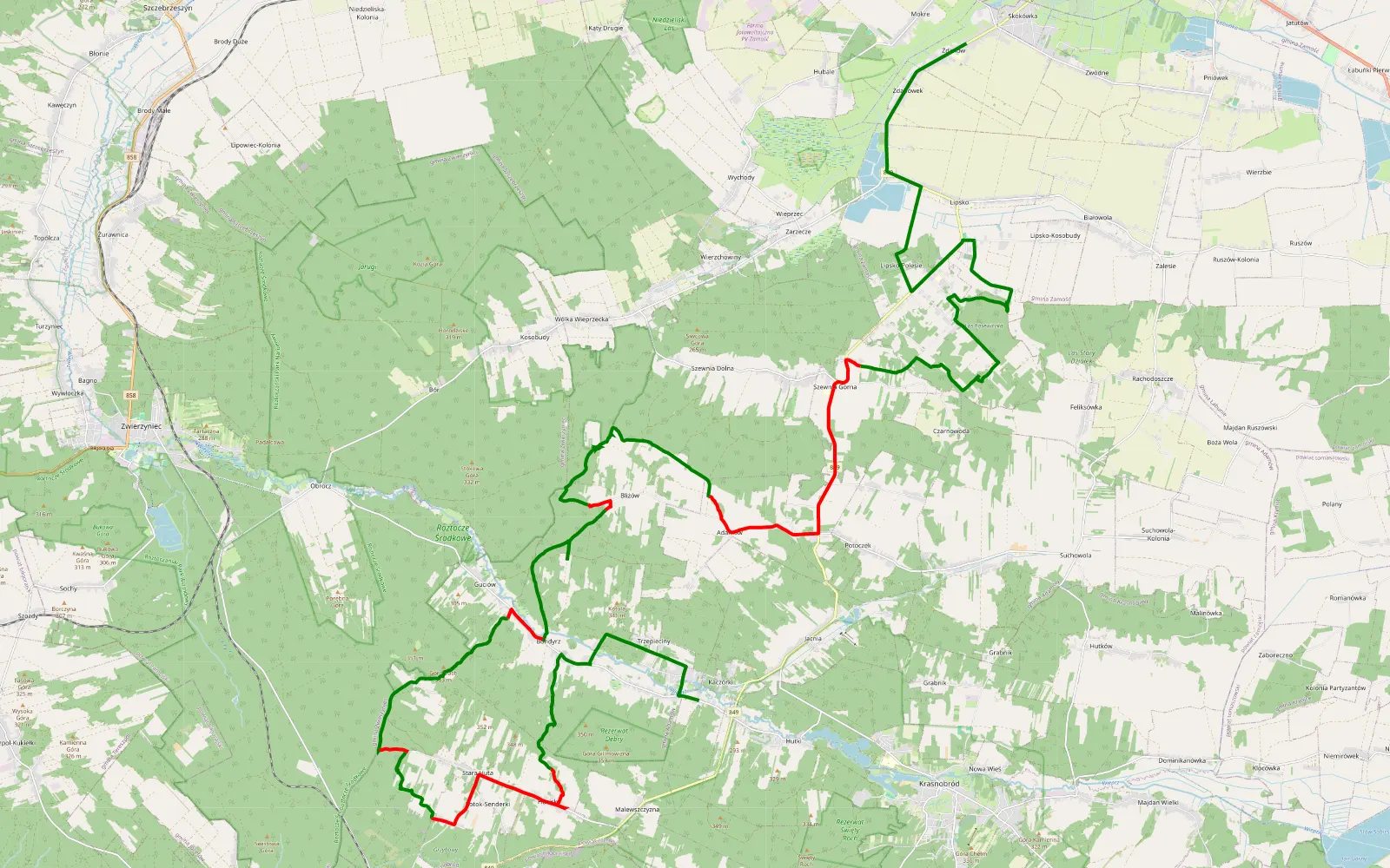 Mapa trasy Żdanów - Kaczórki - 45.6 km trasy offroad, Powiat Zamojski