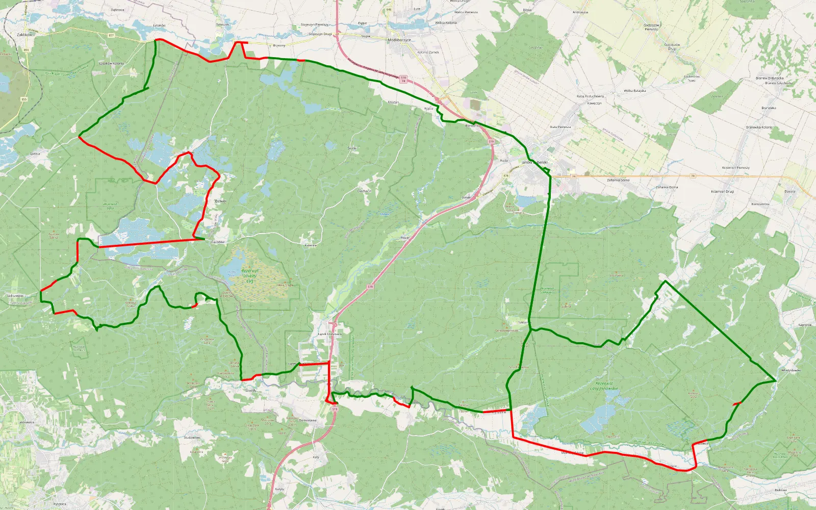 Mapa trasy Janów - 86.9 km trasy offroad, Powiat Janowski