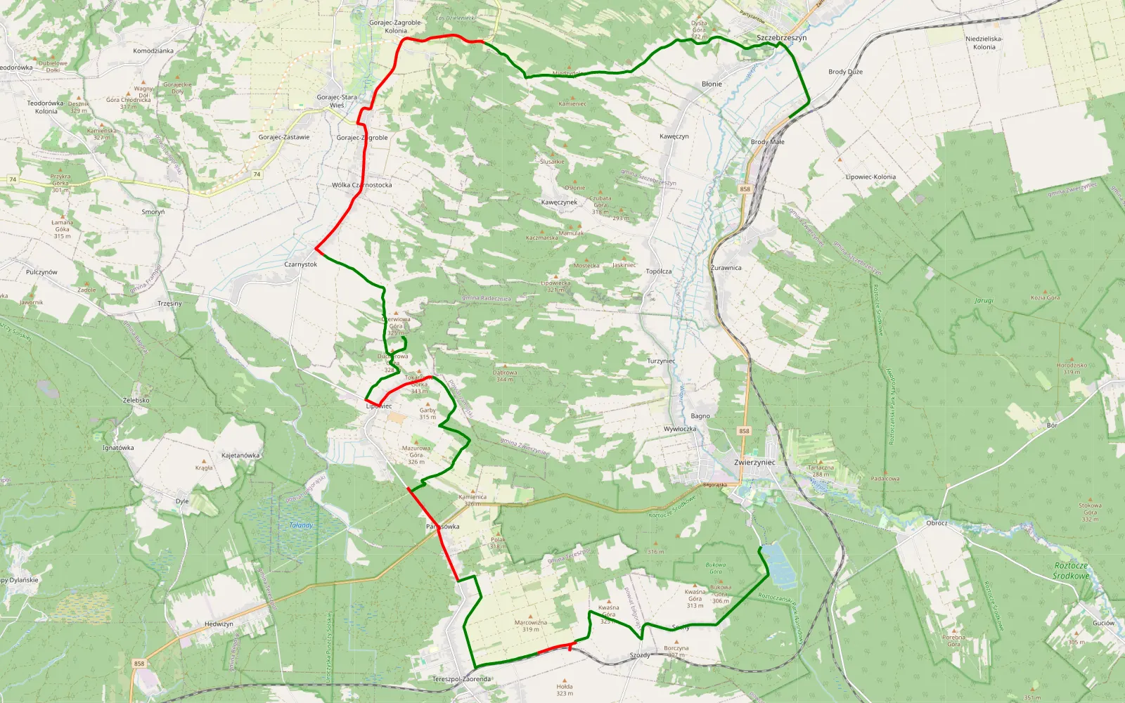 Map of Zwierzyniec - Brody Małe - 30.1 km offroad trail, Biłgoraj County
