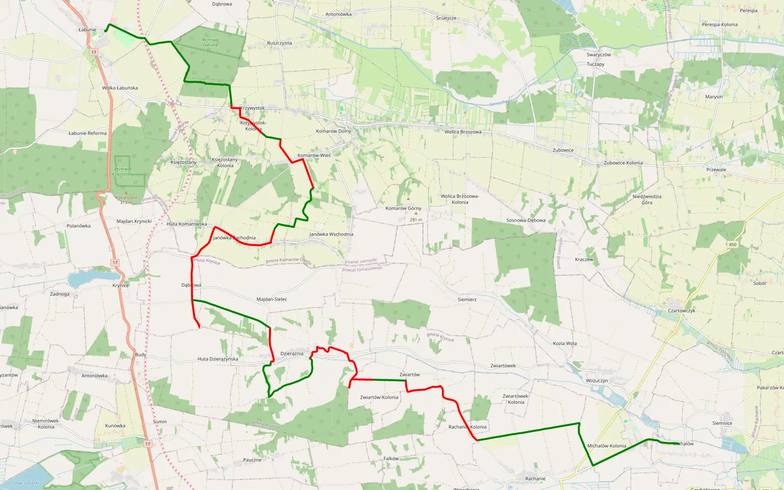 Map of Łabunie - Michałów - 34.8 km offroad trail, Tomaszów Lubelski County