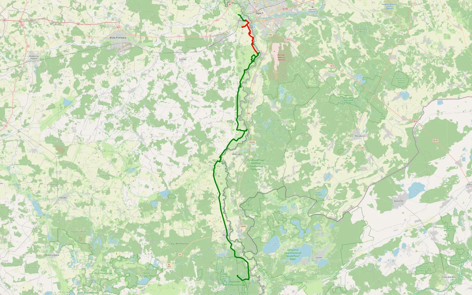Mapa trasy Łobaczew - Żłobek - 23.9 km trasy offroad, Powiat Bialski