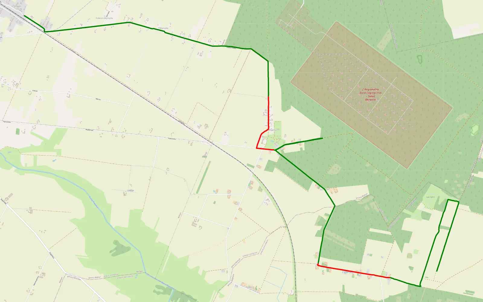 Mapa trasy Zieleniec - Bezwola - 11.4 km trasy offroad, Powiat Parczewski