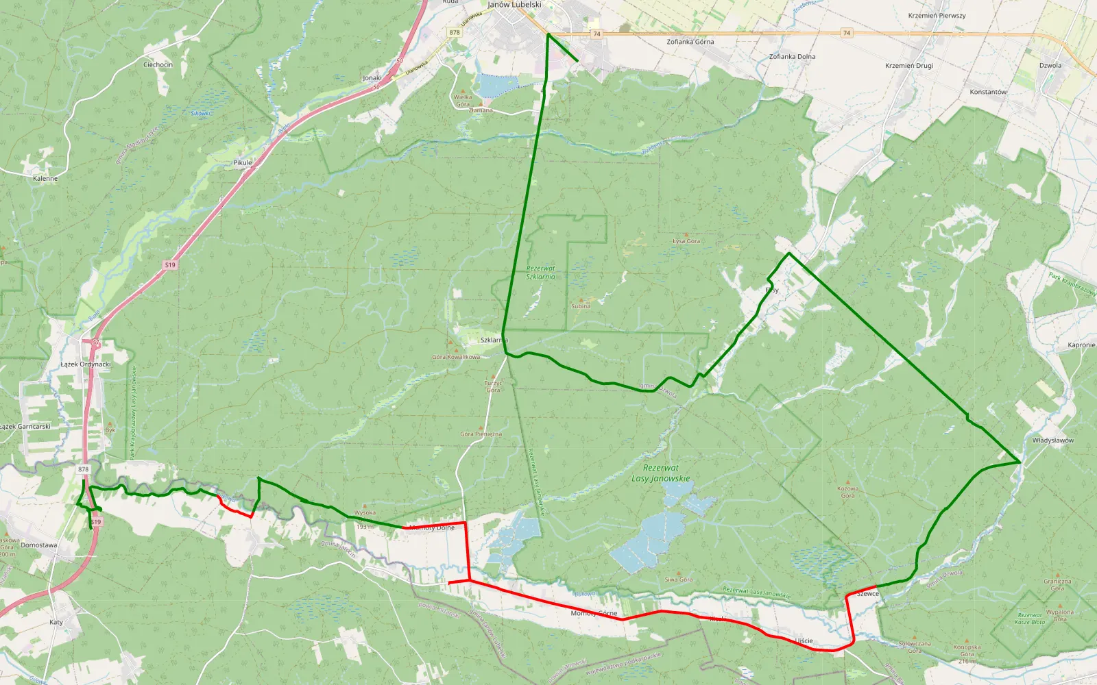 Mapa trasy Obrówka - Łążek Bąki - 32.3 km trasy offroad, Powiat Janowski