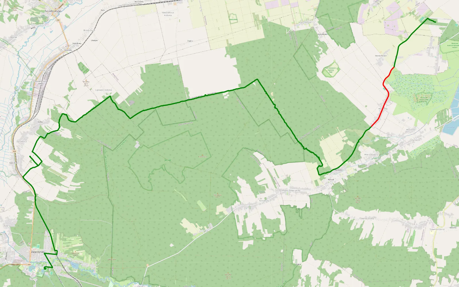 Mapa trasy Hubale - Zwierzyniec - 29.4 km trasy offroad, Powiat Zamojski