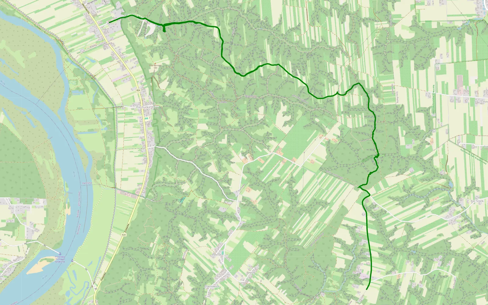 Mapa trasy Wierzchoniów - Parchatka - 12 km trasy offroad, Powiat Puławski