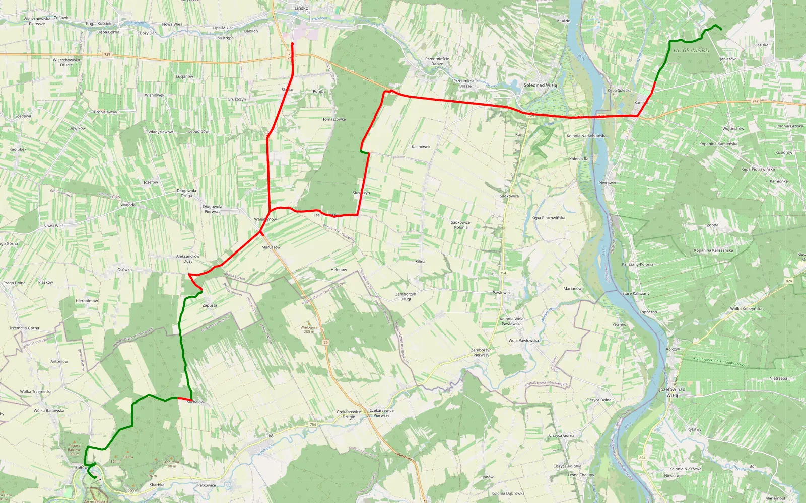 Mapa trasy Łaziska - Bałtów - 46.7 km trasy offroad, Powiat Lipski