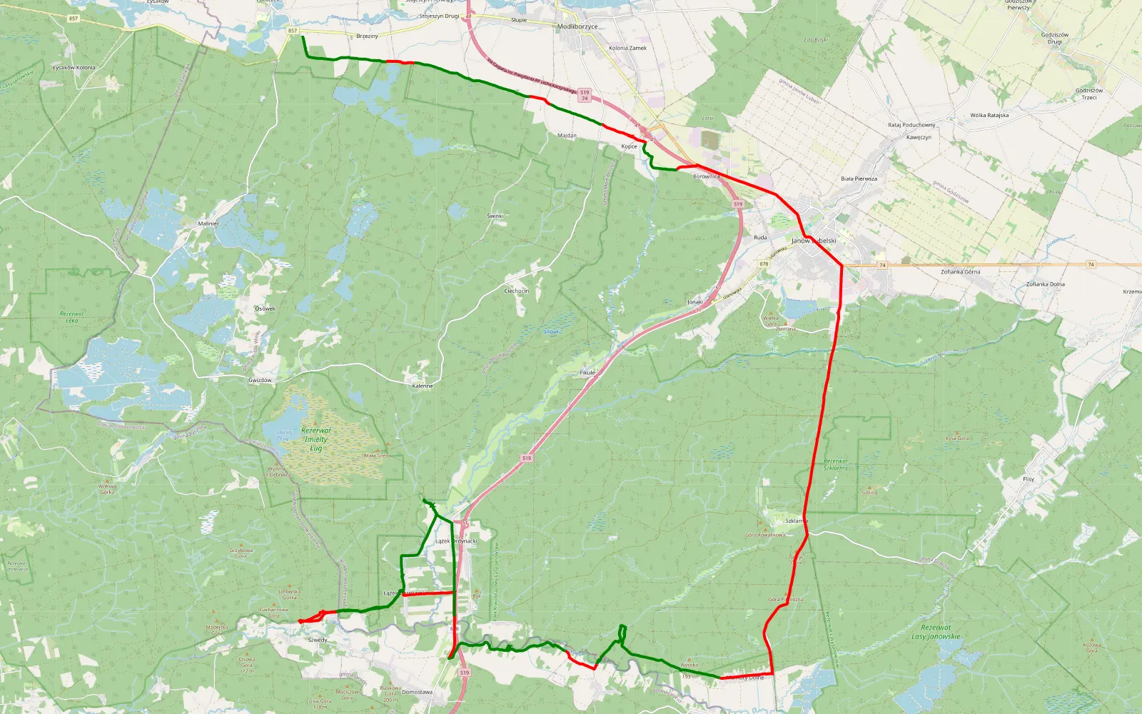 Mapa trasy Potoczek - Łążek - 45.8 km trasy offroad, Powiat Janowski