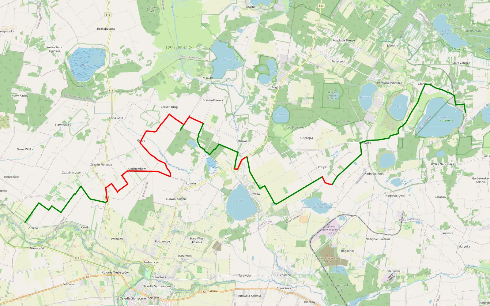 Mapa trasy Grabniak - Ziółków - 26.7 km trasy offroad, Powiat Łęczyński