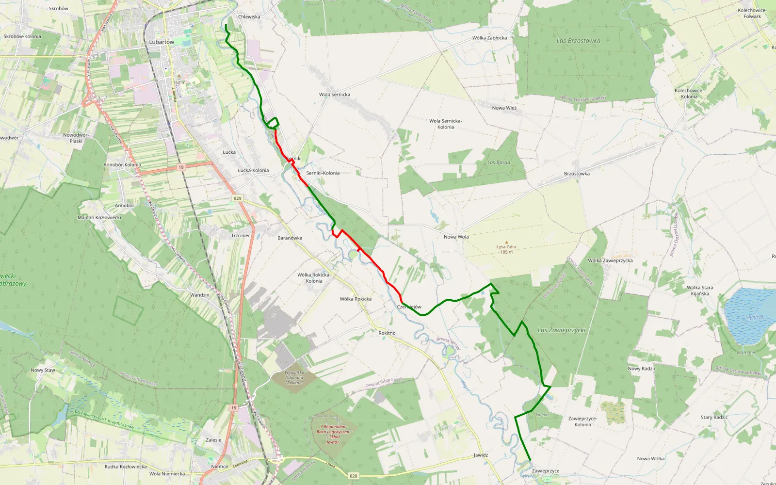 Map of Zawieprzyce - Chlewiska - 21.4 km offroad trail, Lubartów County