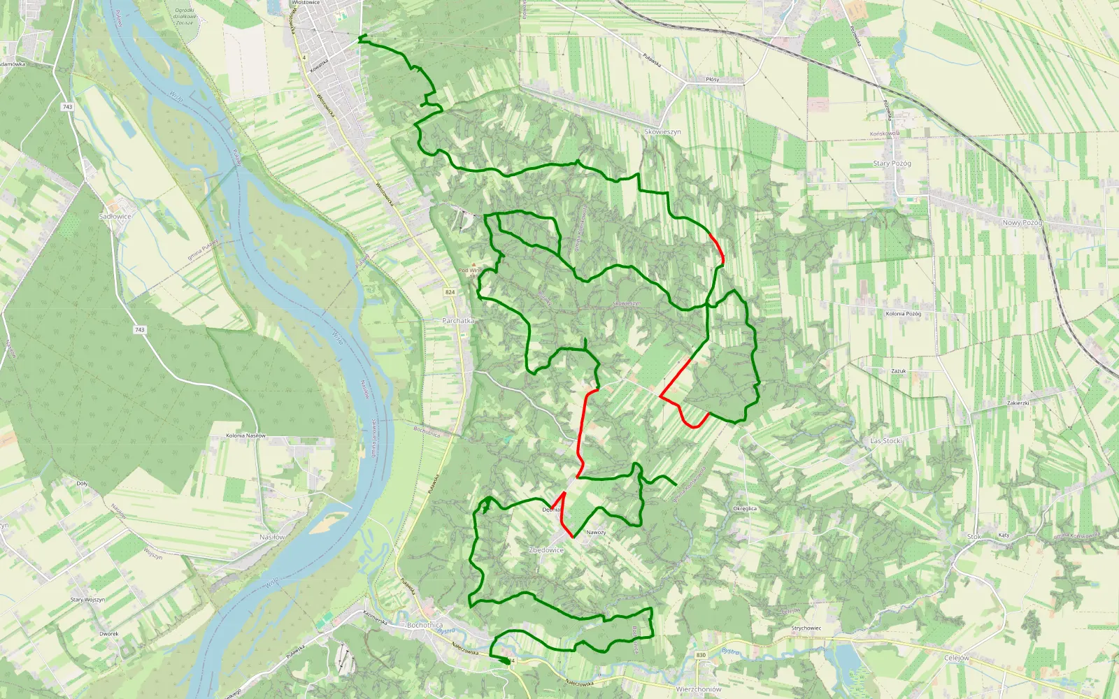 Mapa trasy Listopad Kazimierz Wąwozy - 34.2 km trasy offroad, Powiat Puławski