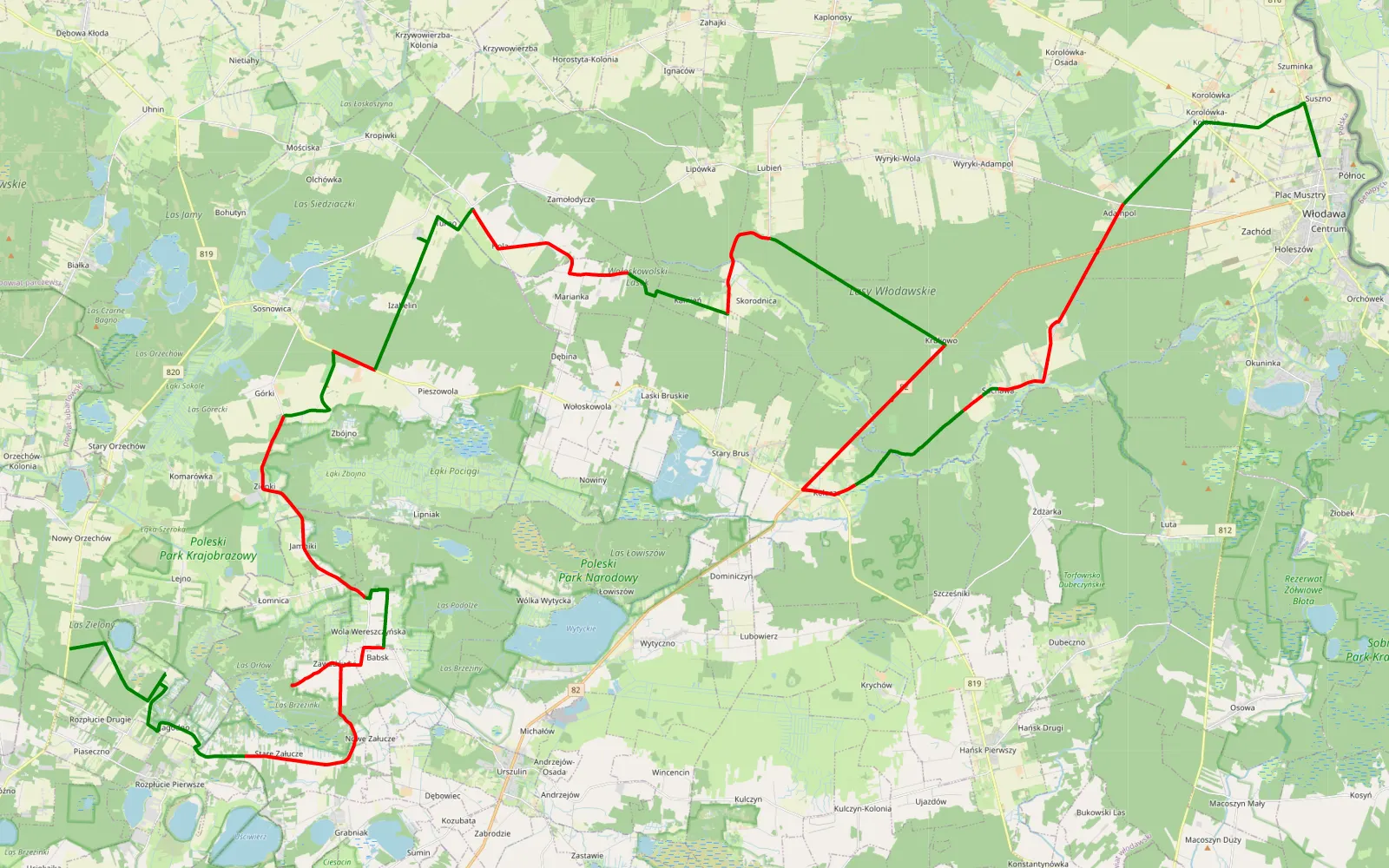 Map of Zagłębocze - Włodawa - 86.6 km offroad trail, Włodawa County