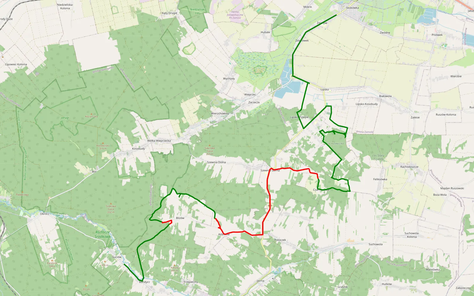Map of Żdanów - Guciów - 29.9 km offroad trail, Zamość County