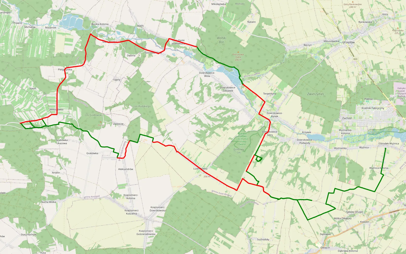 Mapa trasy Wólka Olbięcka - Kolonia Wyżnica - 60.1 km trasy offroad, Powiat Kraśnicki