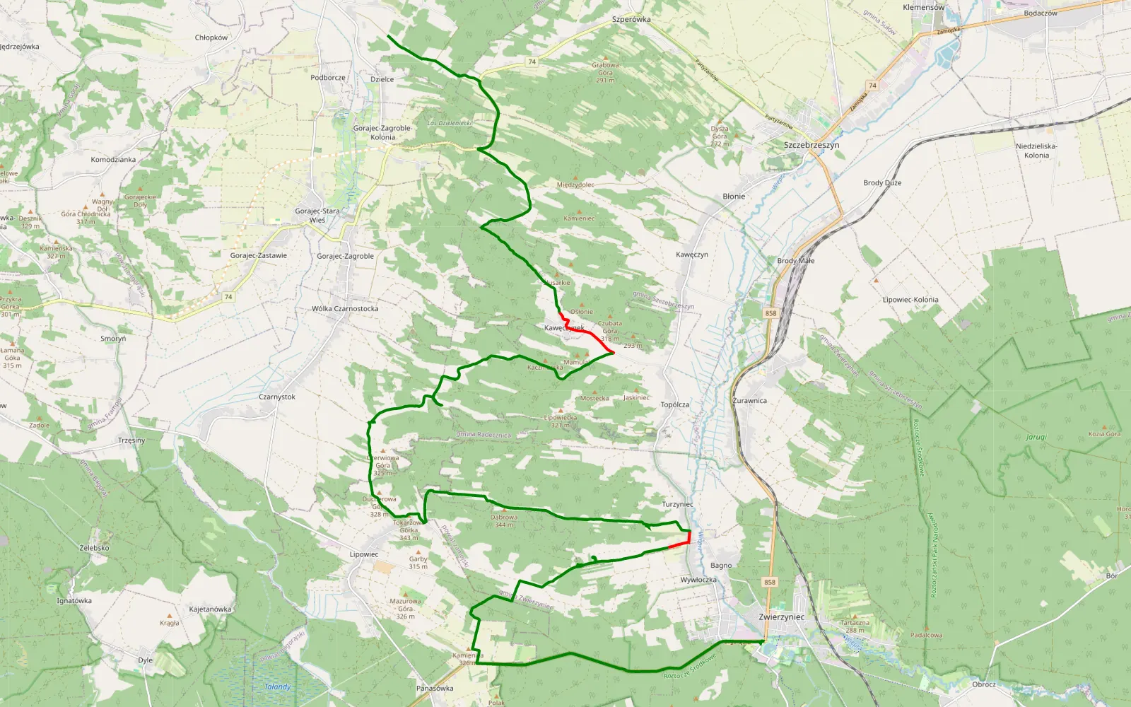Map of Zakręcie - Zwierzyniec - 28.6 km offroad trail, Zamość County