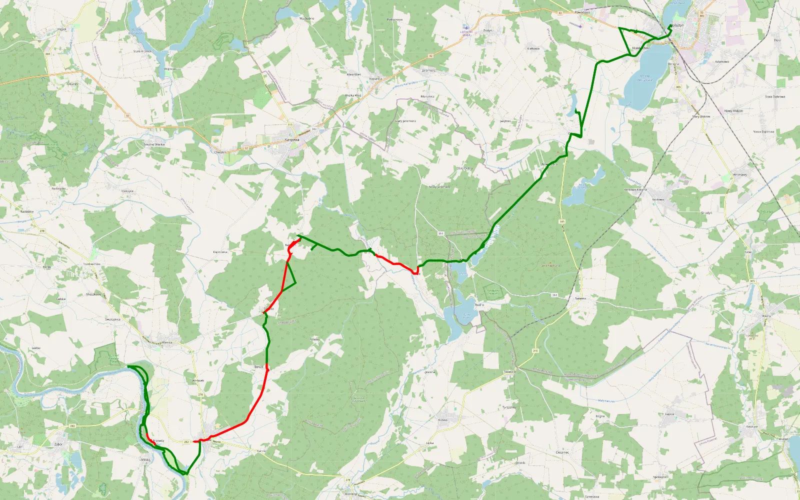 Mapa trasy Wolsztyn - Karszyn - 70.8 km trasy offroad, Powiat Zielonogórski