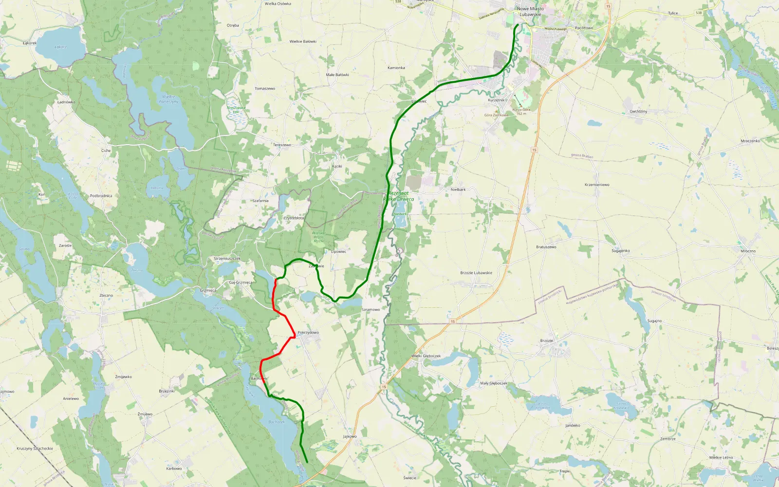 Mapa trasy Nowy Dwór - Nowe Miasto Lubawskie - 12.8 km trasy offroad, Powiat Brodnicki