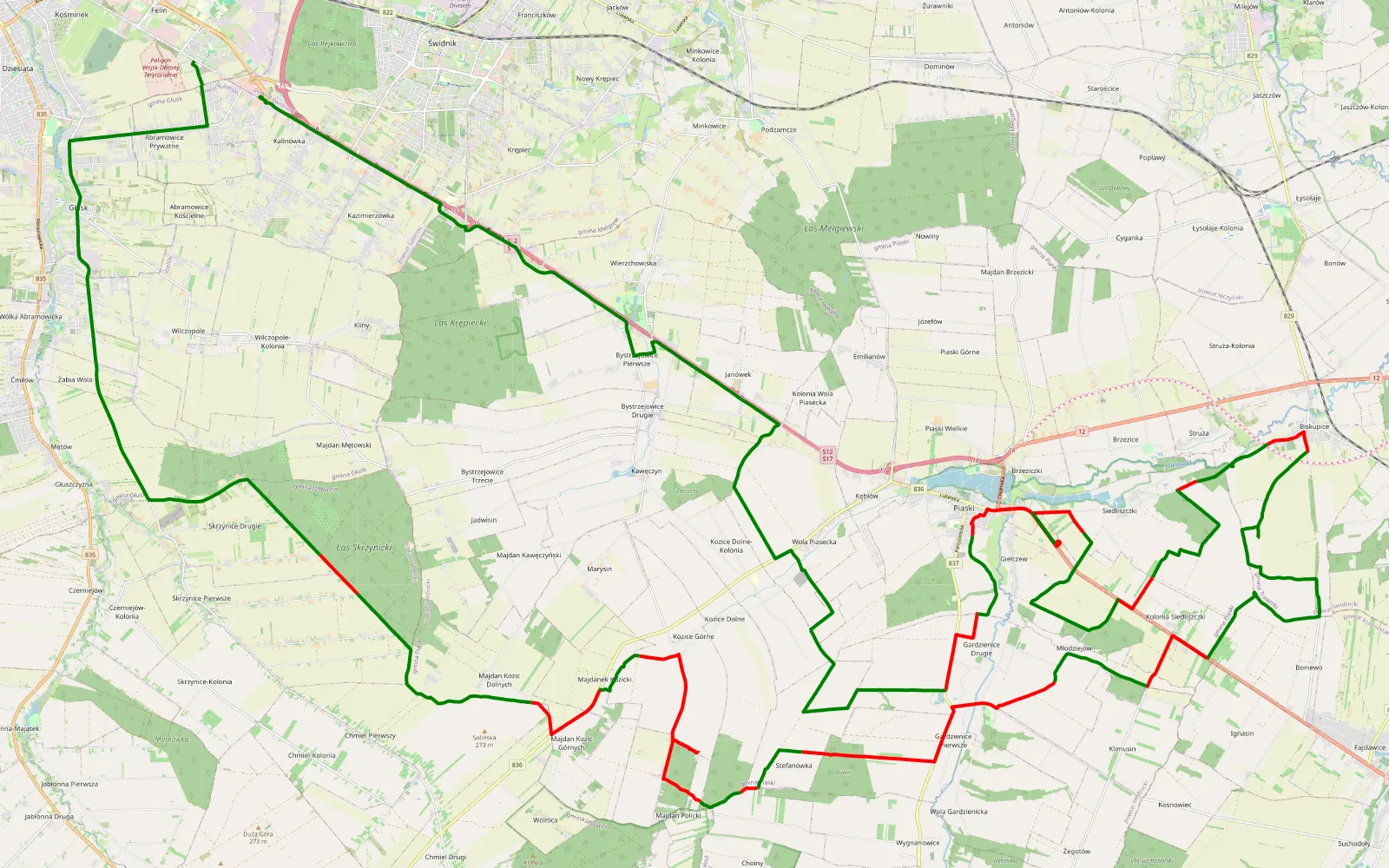 Mapa trasy Kolonia Krępiec - Felin - 66.3 km trasy offroad, Powiat Świdnicki