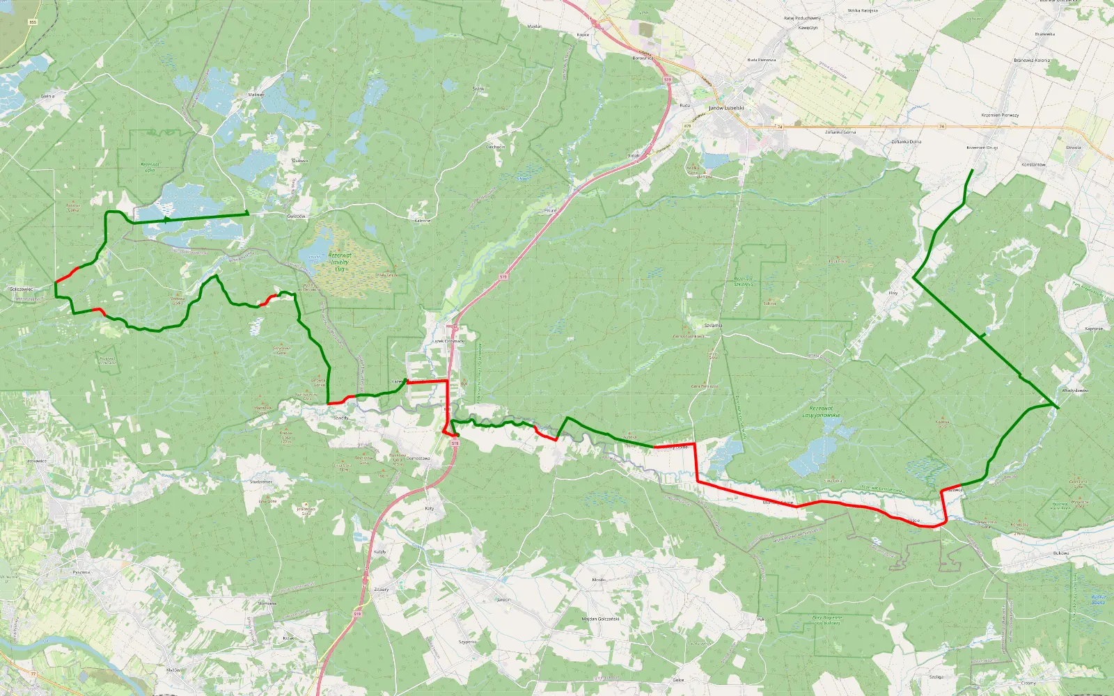 Mapa trasy Krzemień Drugi - Gwizdów - 59.9 km trasy offroad, Powiat Janowski