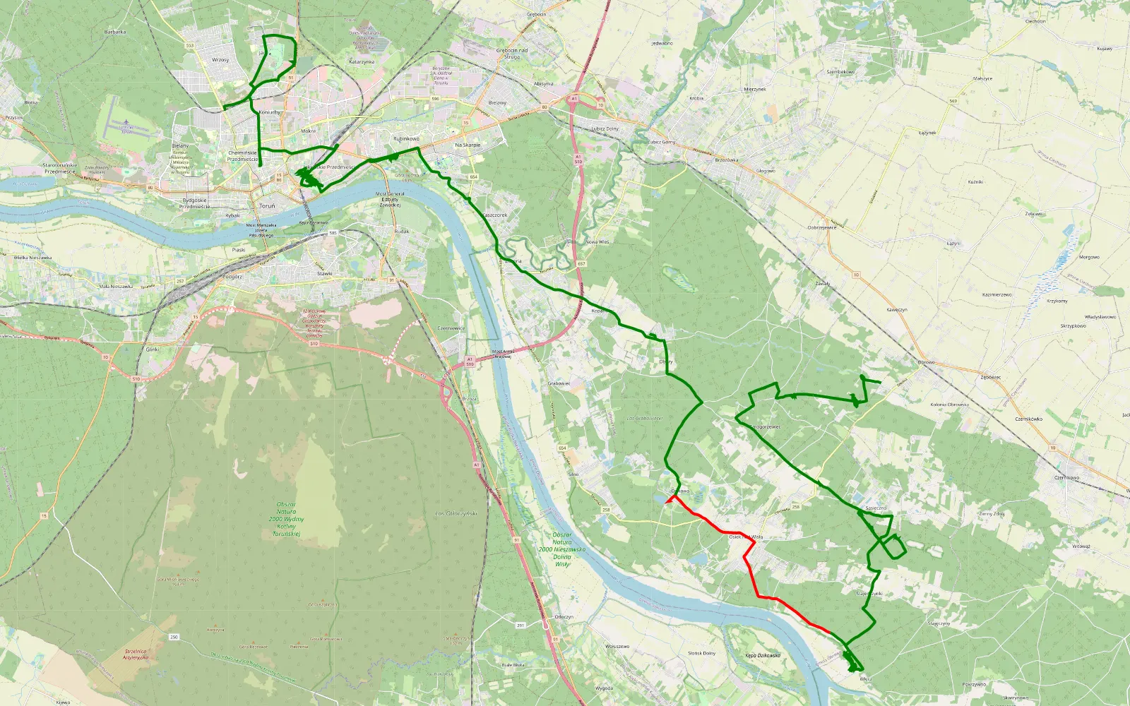 Map of Obrowo i okolice - 37.3 km offroad trail, Toruń County