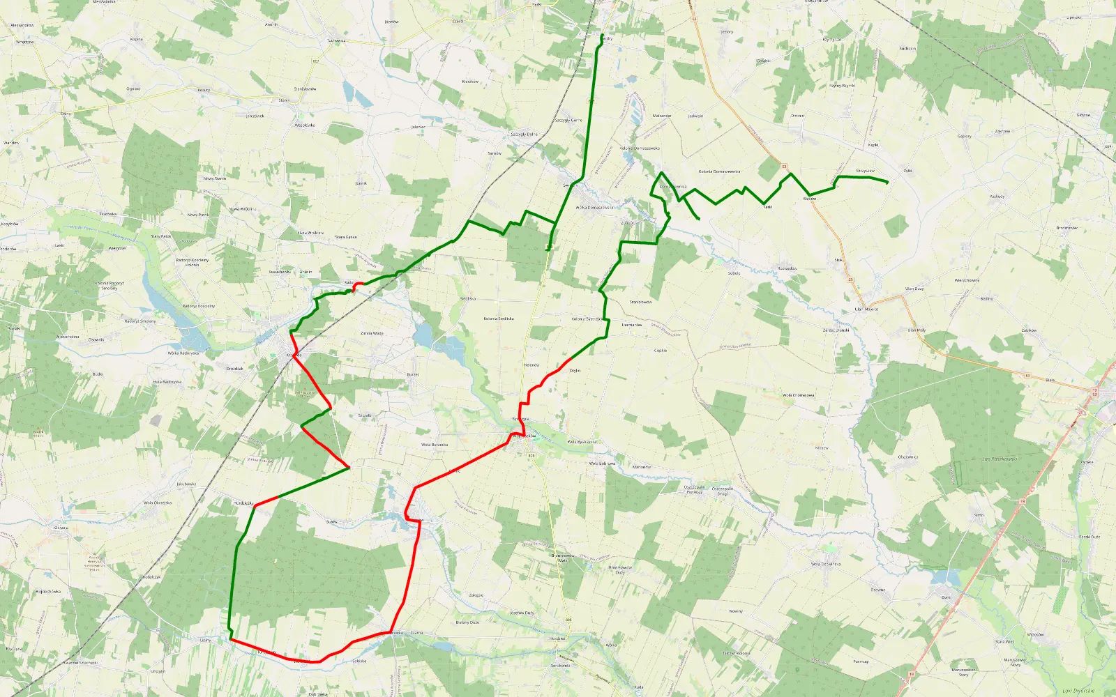 Mapa trasy Świdry - Skrzyszew - 50.2 km trasy offroad, Powiat Łukowski
