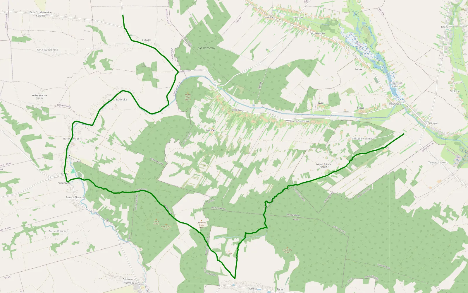 Mapa trasy Stawce - Biskupie - 11.6 km trasy offroad, Powiat Janowski