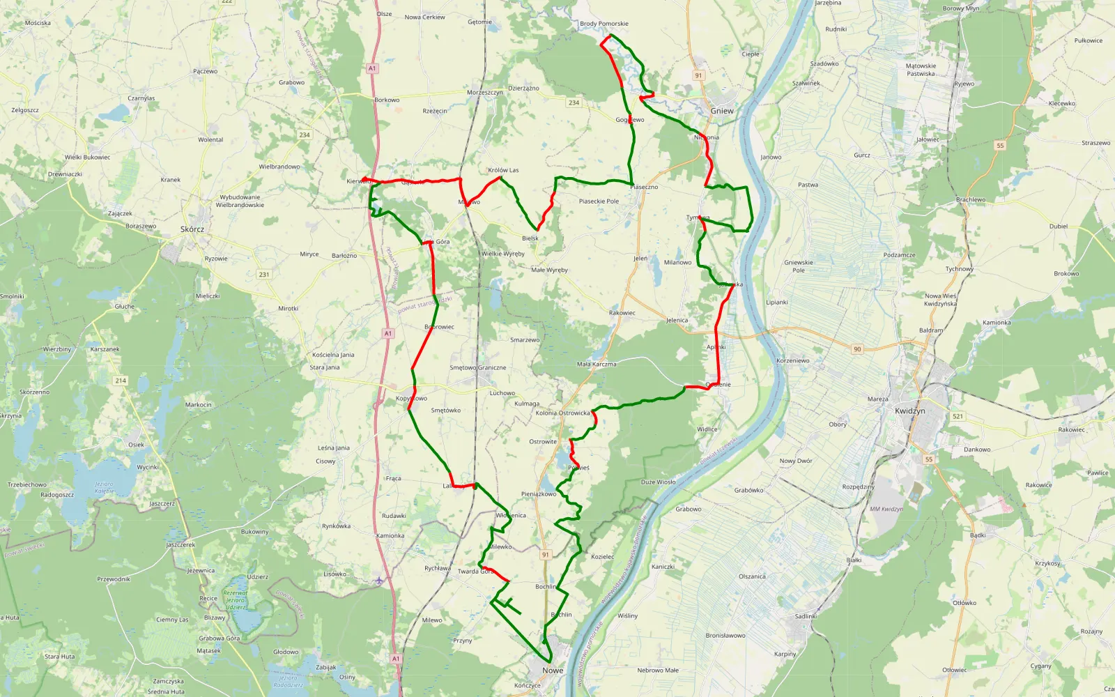 Mapa trasy Kaszubia - Zielona Planeta - 78.5 km trasy offroad, Powiat Tczewski