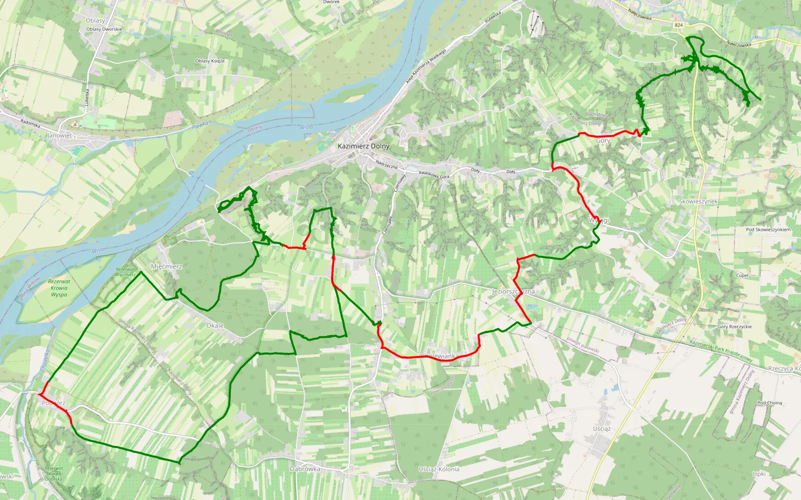 Mapa trasy Okale - Bochotnica - 40.3 km trasy offroad, Powiat Puławski
