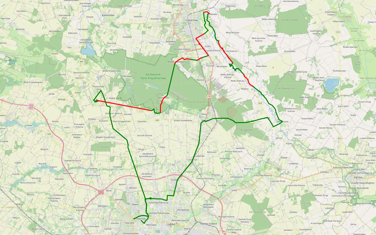 Mapa trasy Sławinek - 47 km trasy offroad, Powiat Lubartowski