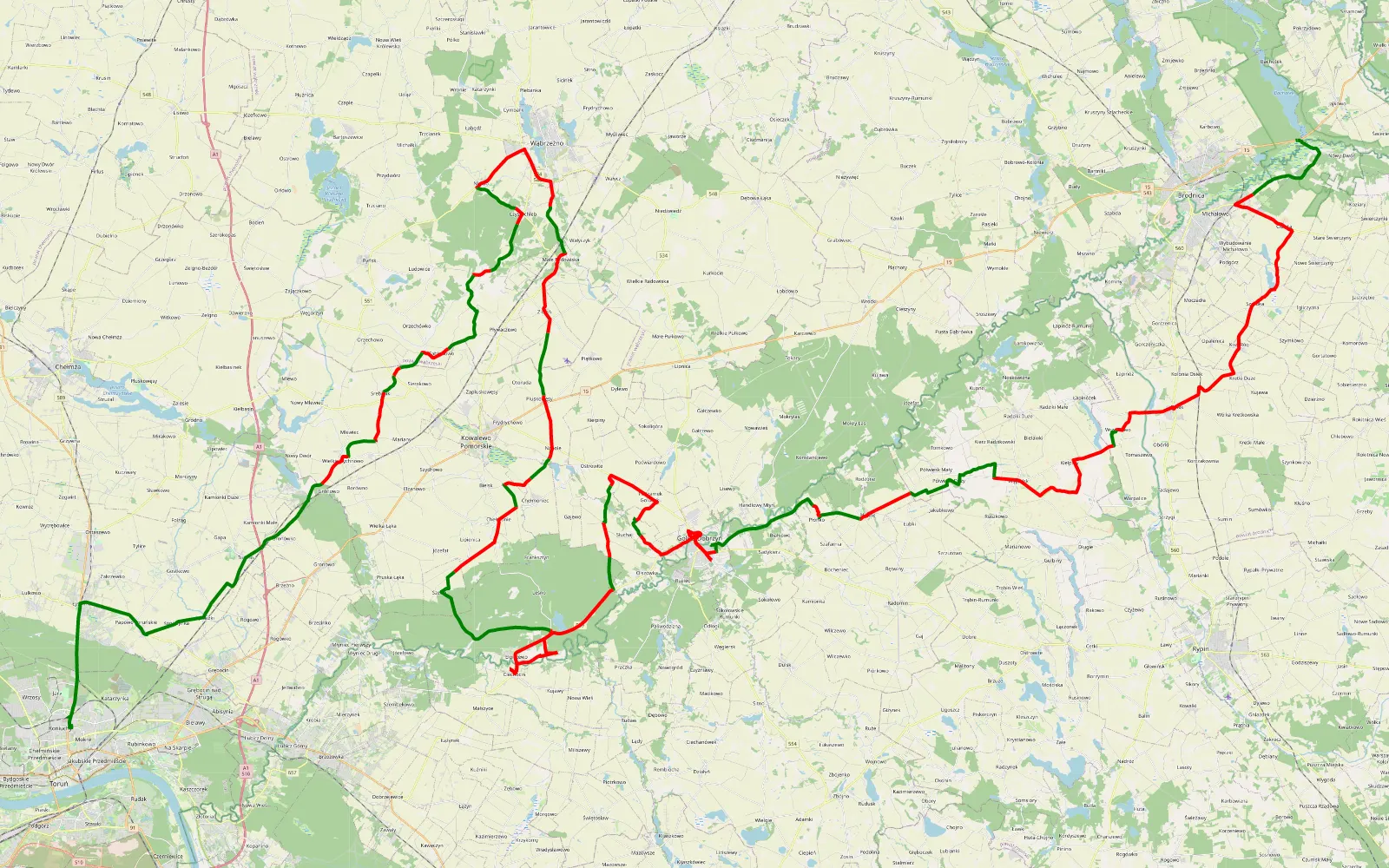 Mapa trasy Brodnica Toruń turystyk - 144 km trasy offroad, Powiat Golubsko-dobrzyński