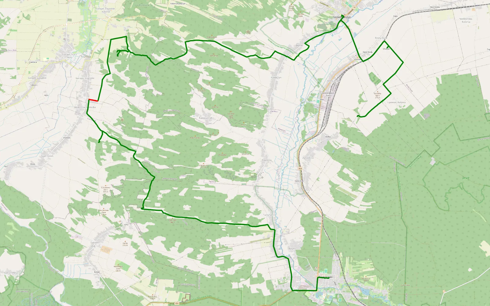 Mapa trasy Szczebrzeszyn Zwierzyniec 1 - 23.5 km trasy offroad, Powiat Zamojski